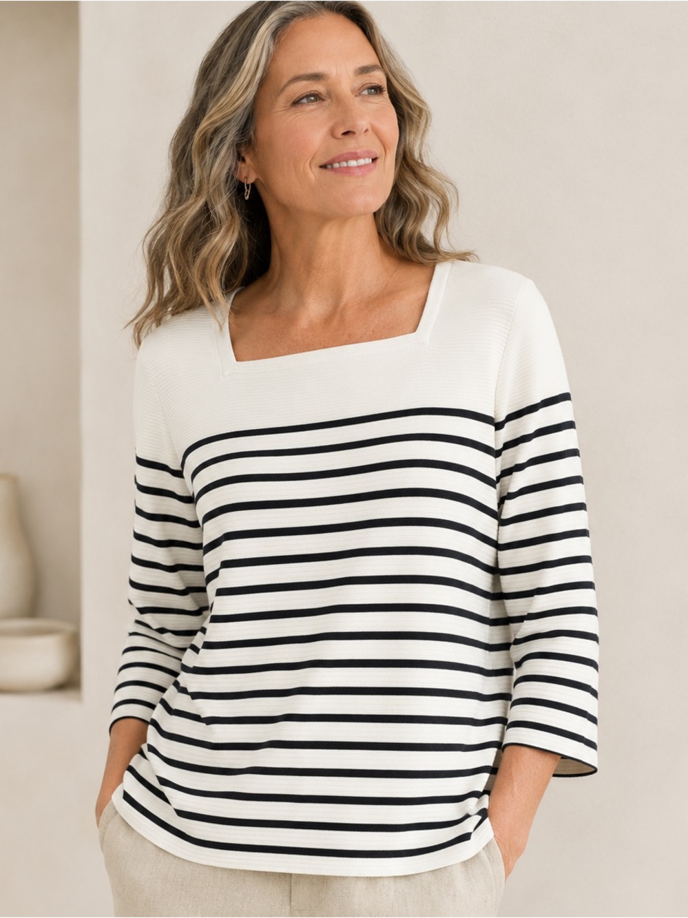 J. Jill Wearever Collection Striped Rib Knit Square Neck Top